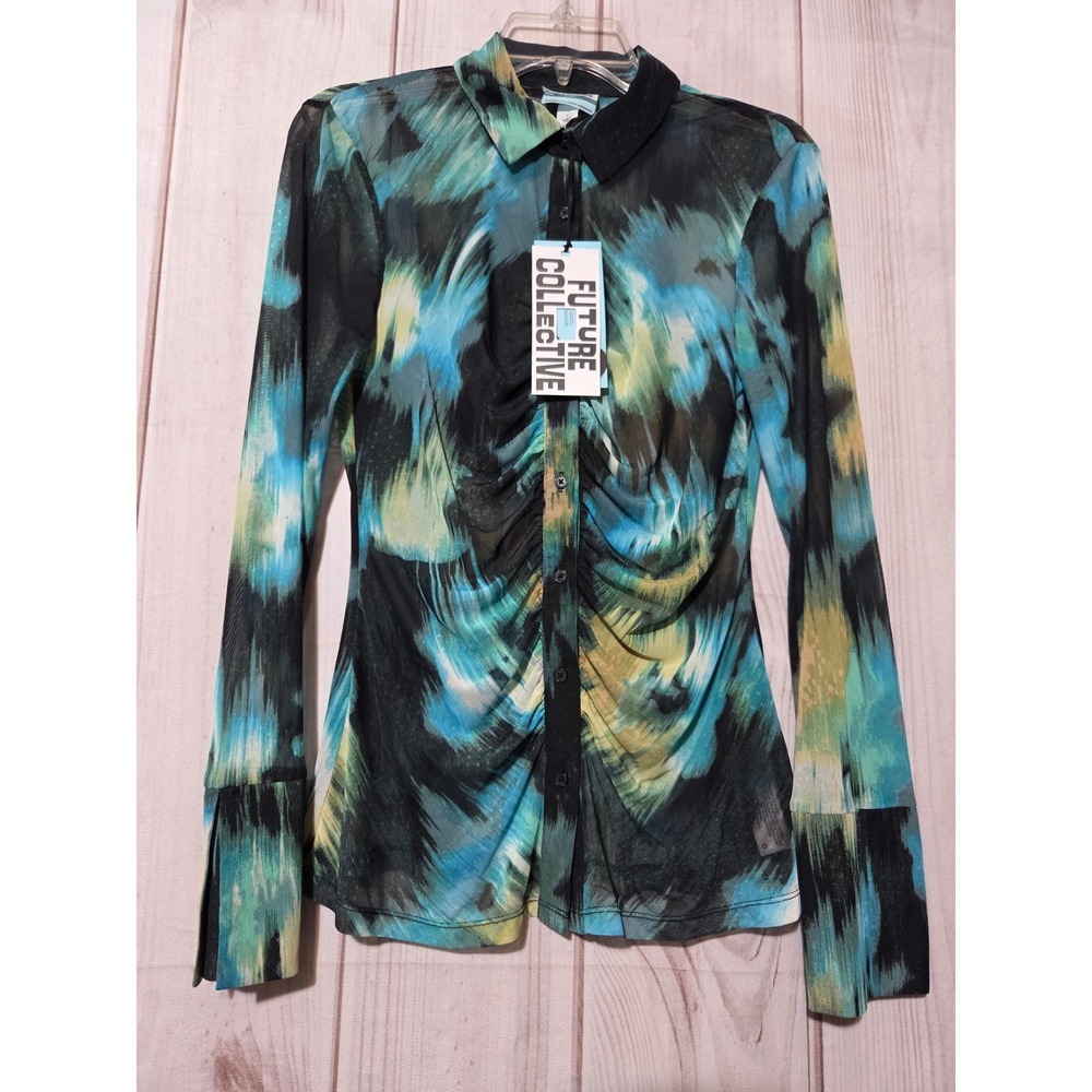 Future Collective Gabriella Karefa-Johnson Mesh Button Down Top Blue Green Small